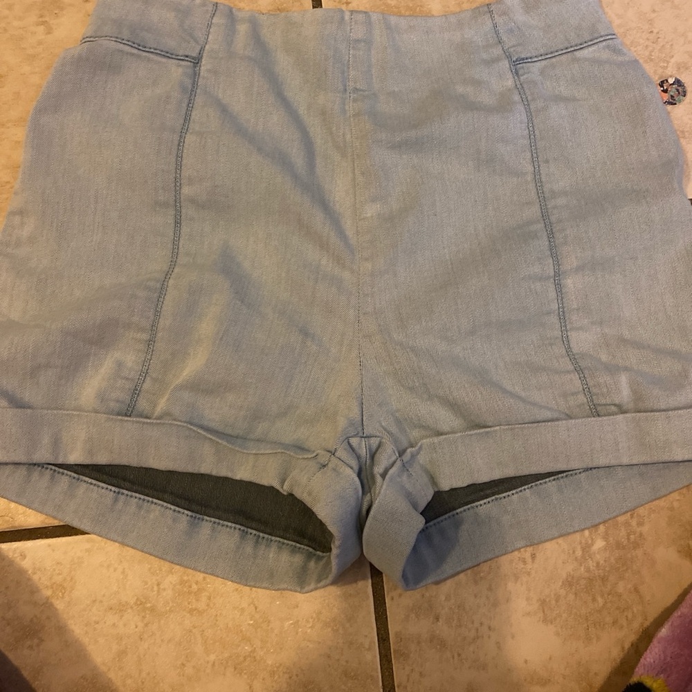 Cooperative Blue High Waist Shorts with Cuffed Hem